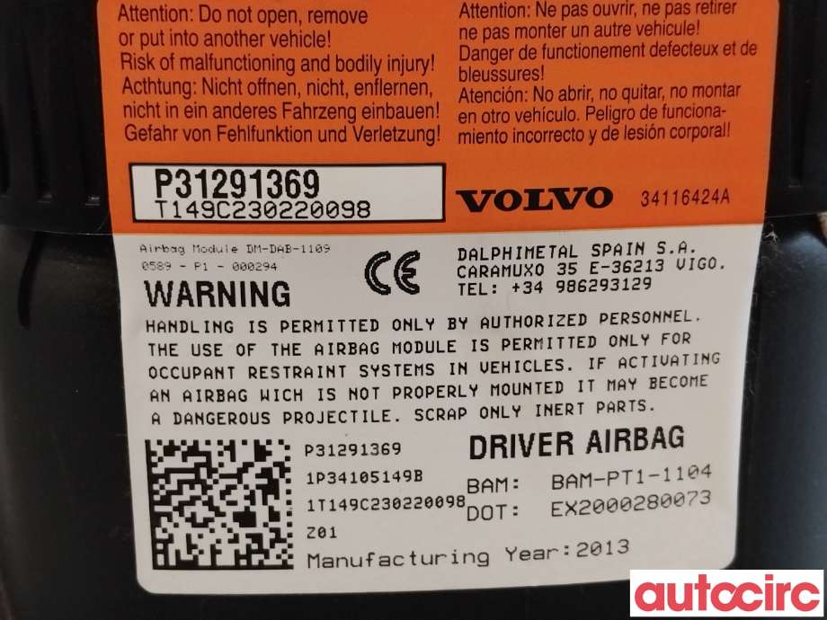 Airbag rattpute til Volvo V40 2012-2019  (VOLVO|31291369|)