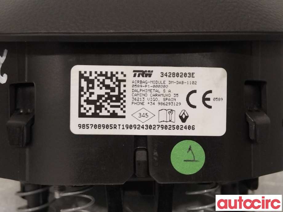 Airbag rattpute til Renault Zoe 2013-2019 (Fase 1)  (RENAULT|985709705R|)