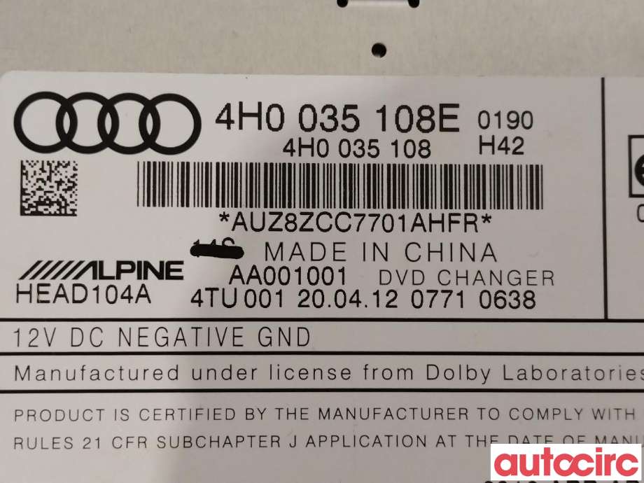 Bilstereo CD-veksler til Audi A8 2010-2013 (Type III, Fase 1) (AUDI|4H0035108E)