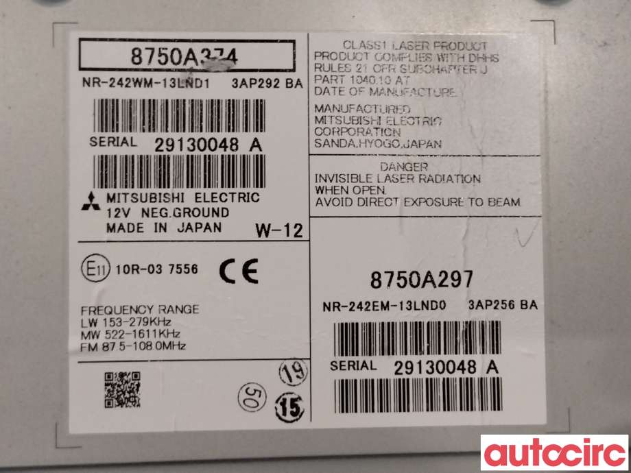 Bilstereo navigasjon til Mitsubishi Outlander 2012-2015 (Type III, Fase 1)  (MITSUBISHI|8750A374|NR-242WM-13LND1)