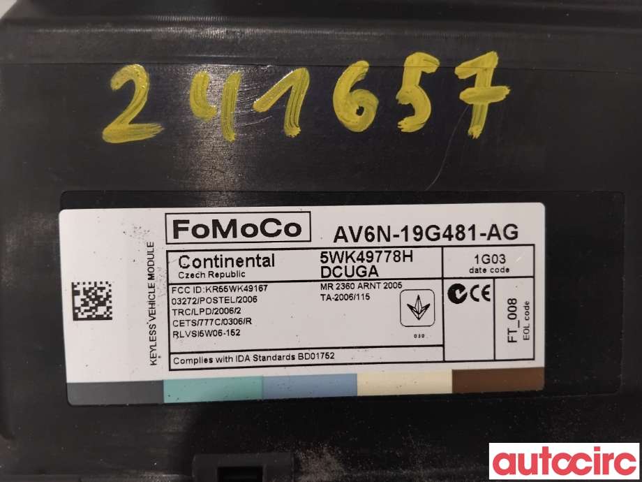 Styreenhet nøkkelfri/keyless til Ford Focus 2011-2014 (Type III, Fase 1)  (FORD|1829420|5WK49778H|AV6N-19G481-AG)