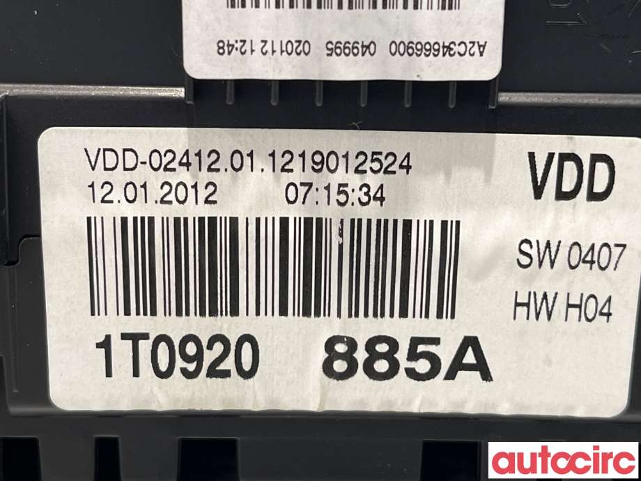 Instrumentpanel til VW Touran 2010-2015 (Type I, Fase 3)  (VOLKSWAGEN|1T0920885A)