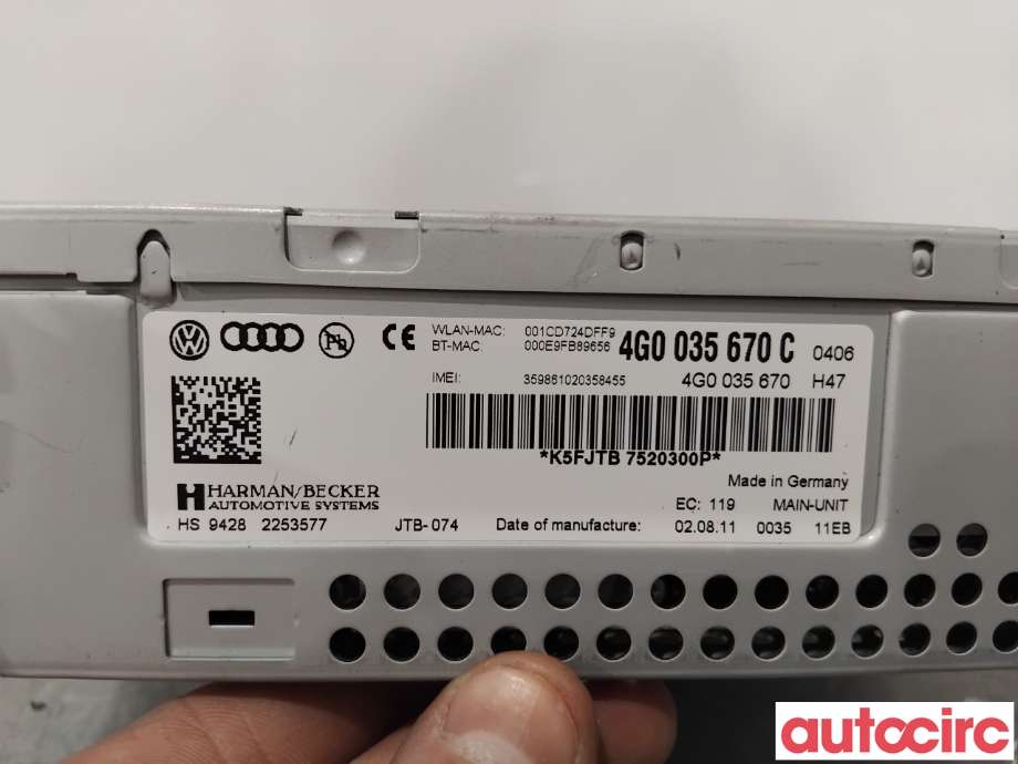 Bilstereo navigasjon til Audi A6 2011-2014 (Type IV, Fase 1) (C7) (C7) (AUDI|4G0035670EX|HS9428|4G0035670C)