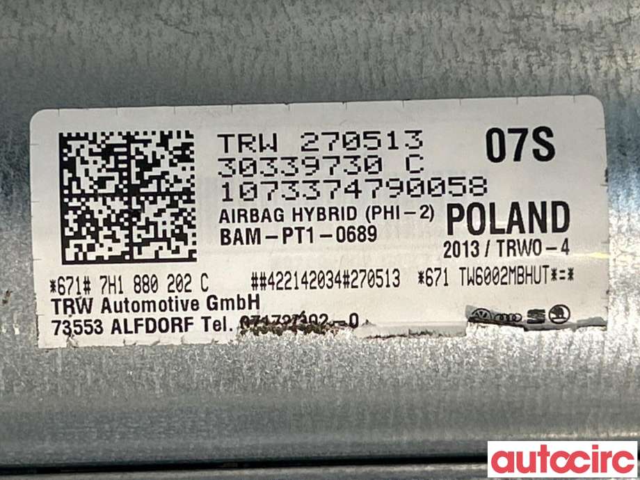 Airbag passasjer til VW Transporter / Caravelle 2009-2015 (Fase 2) (T5) (T5) (VOLKSWAGEN|7H1880202C)