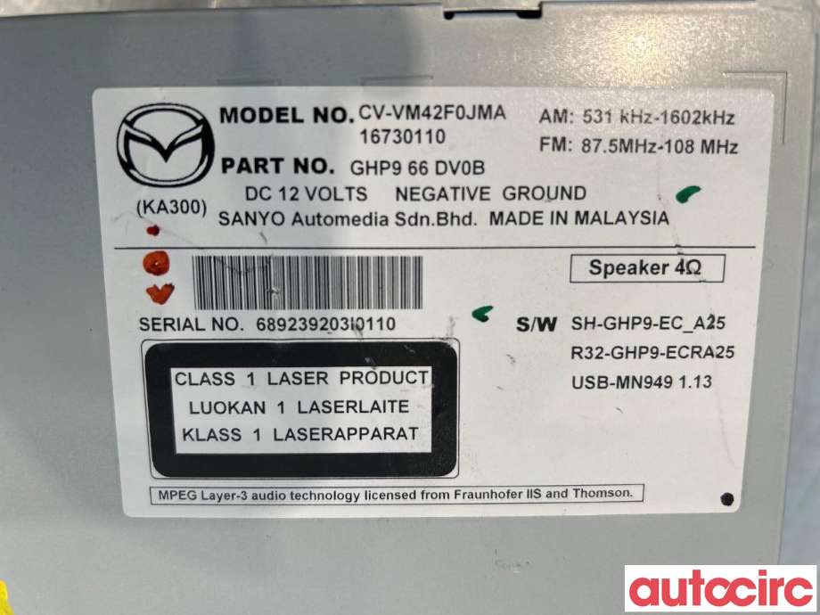 Bilstereo til Mazda CX-5 2012-2017 (Type I)  (MAZDA|GHP966DV0C|GHP966DV0B)