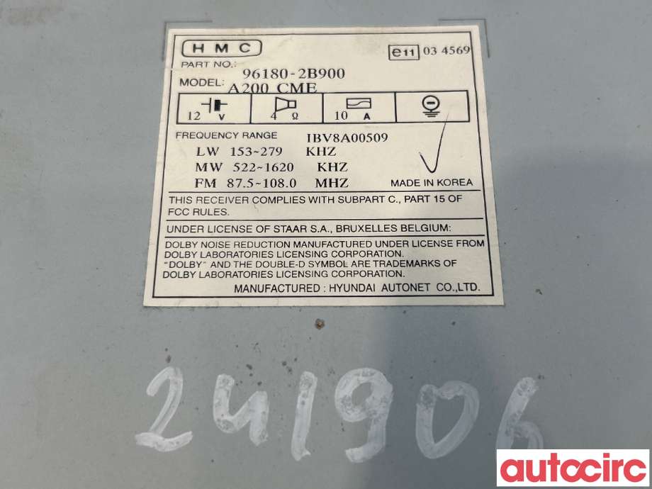 Bilstereo til Hyundai Santa Fe 2006-2009 (Type II, Fase 1)  (HYUNDAI|961802B900|A200CME|96180-2B900)
