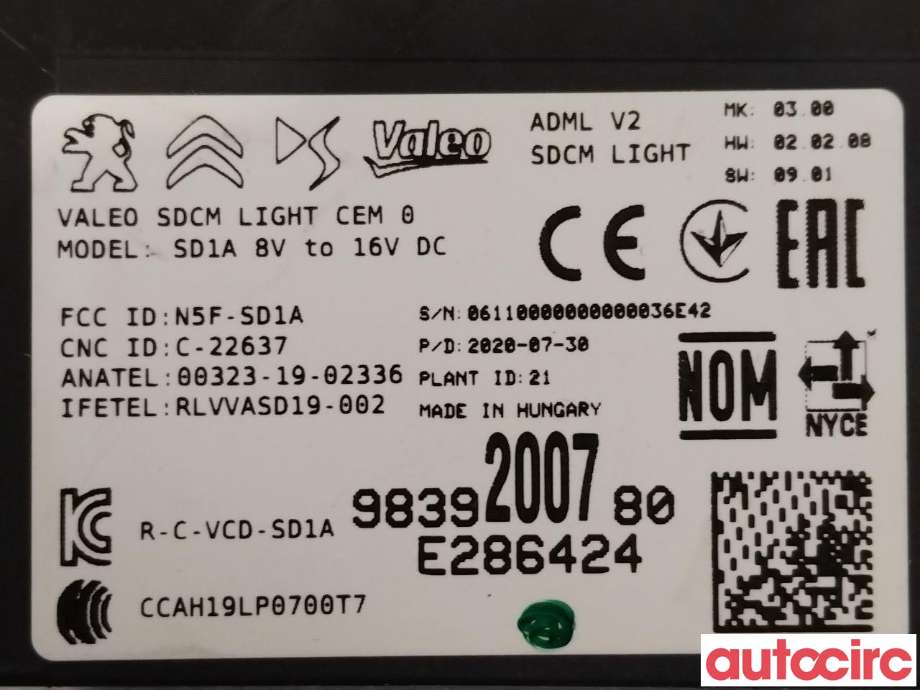 Styreenhet nøkkelfri/keyless til Peugeot 2008 2019-->> (Type II)  (PEUGEOT|1681172880||9839200780)
