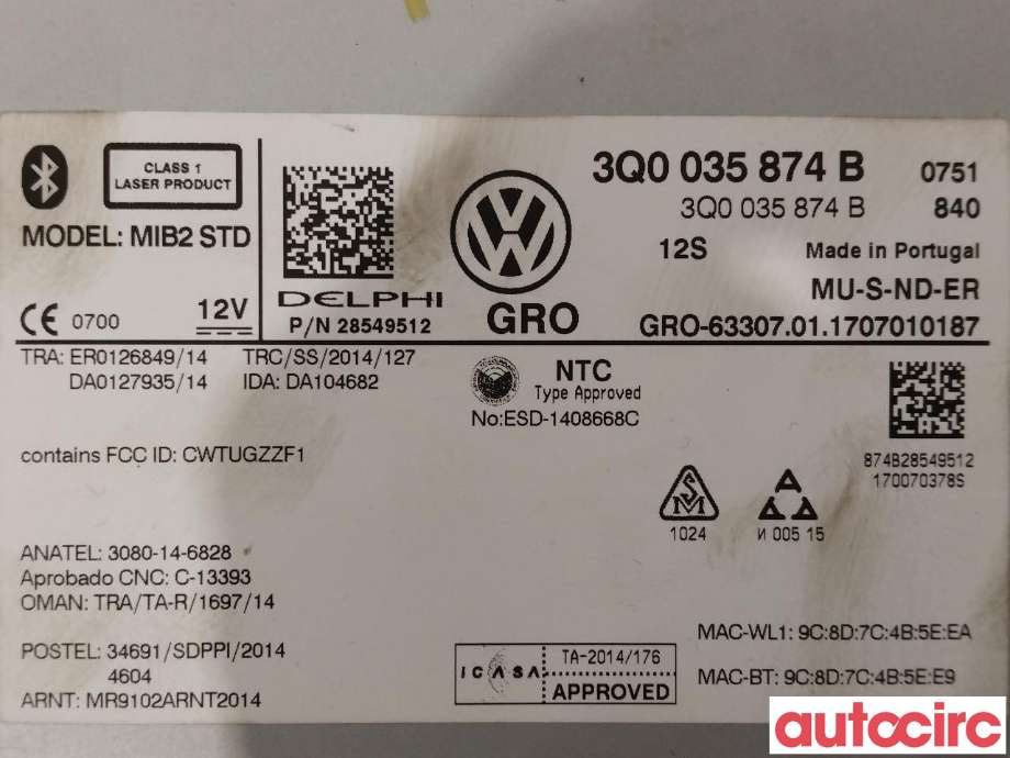 Bilstereo diverse til VW Passat 2015-2019 (Fase 1) (B8) (B8) (VOLKSWAGEN|3Q0035874B)