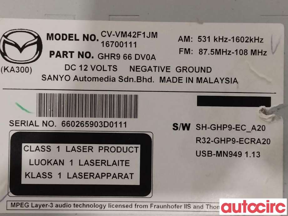 Bilstereo til Mazda 6 2013-2015 (Type III, Fase 1)  (MAZDA|GHR9-66-DV0C|GHR9-66-DV0A)