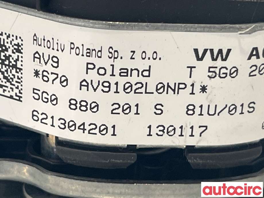 Airbag rattpute til VW Passat 2015-2019 (Fase 1) (B8) (B8) (VOLKSWAGEN|5G0880201S|)