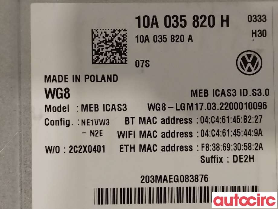 Bilstereo navigasjon til VW ID.4 2020-->>  (VOLKSWAGEN|10A035820J|MEBICAS3|10A035820H)