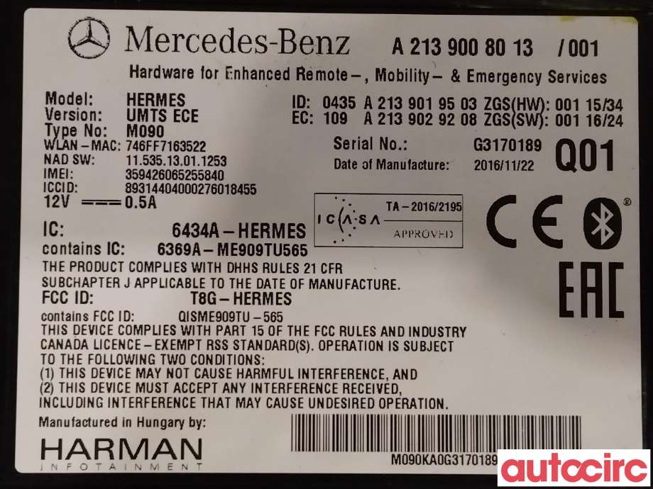 Styreenhet diverse til Mercedes C-Klasse 2014-2018 (Fase 1) (W205) (W205) (MERCEDES|A2139003617|A2139008013)