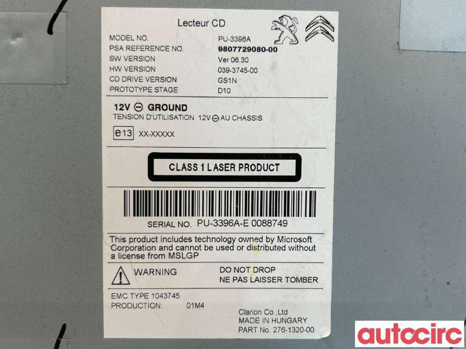 Bilstereo CD-veksler til Peugeot 508 2014-2018 (Type I, Fase 2) (PEUGEOT|1629117780|1612522880|9807729080)