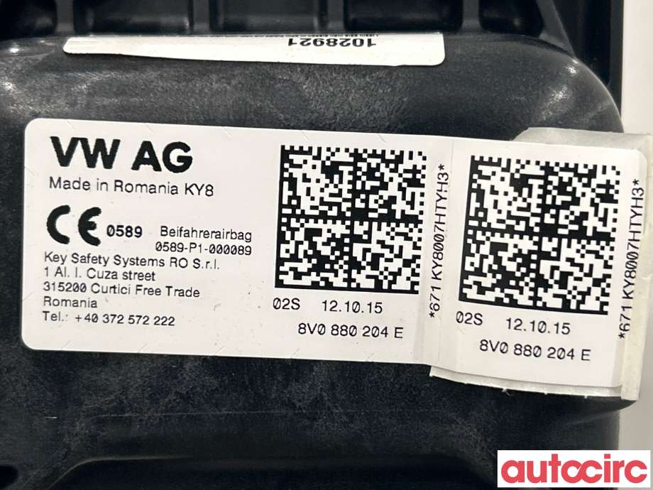 Airbag passasjer til VW e-Golf 2014-2017 (Fase 1)  (VOLKSWAGEN|8V0880204G|8V0880204E)