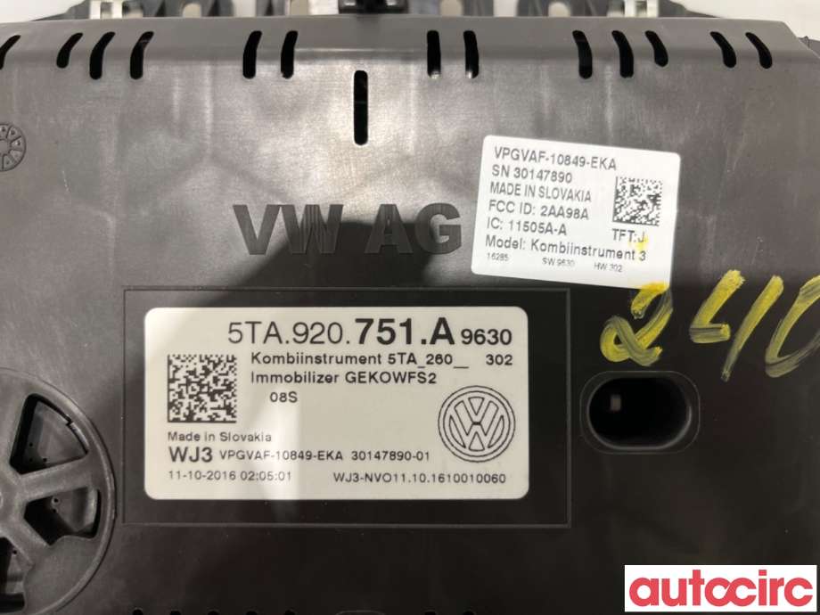 Instrumentpanel til VW Touran 2015-2021 (Type II)  (VOLKSWAGEN|5TA920751A|VPGVAF-10849-EKA)