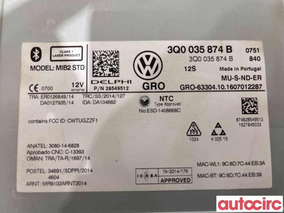 Bilstereo navigasjon til VW Touran 2015-2021 (Type II)  (VOLKSWAGEN|3Q0035874BX|28549512|3Q0035874B)