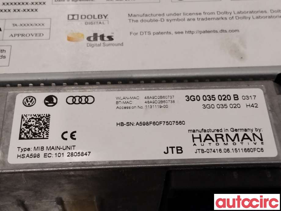 Bilstereo navigasjon til VW e-Golf 2014-2017 (Fase 1)  (VOLKSWAGEN|3G0035020BX|HSA598|3G0035020B)