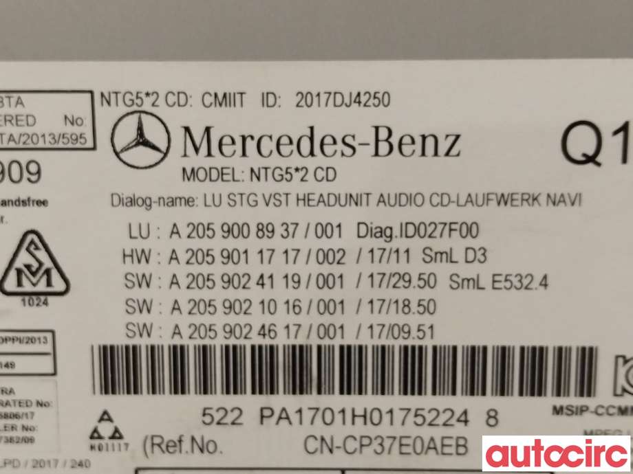 Bilstereo navigasjon til Mercedes C-Klasse 2014-2018 (Fase 1) (W205) (W205) (MERCEDES|A2059009340|NTG5|A2059008937)