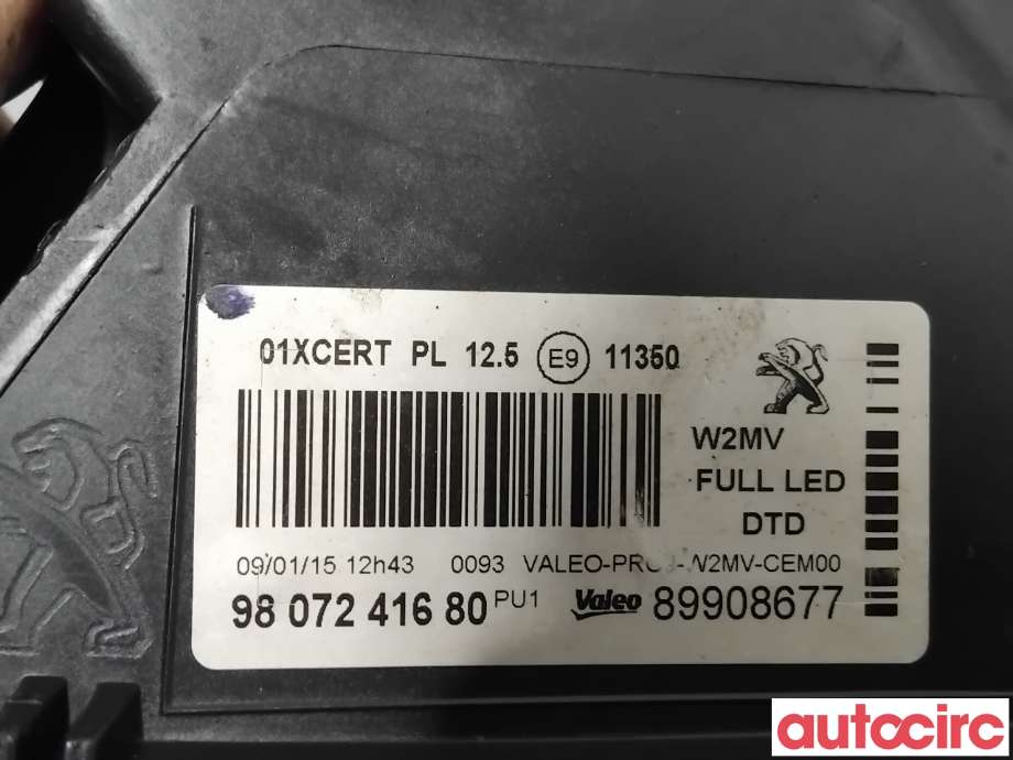 Frontlykt høyre halogen til Peugeot 508 2014-2018 (Type I, Fase 2)  (PEUGEOT|9807241680|89908677)