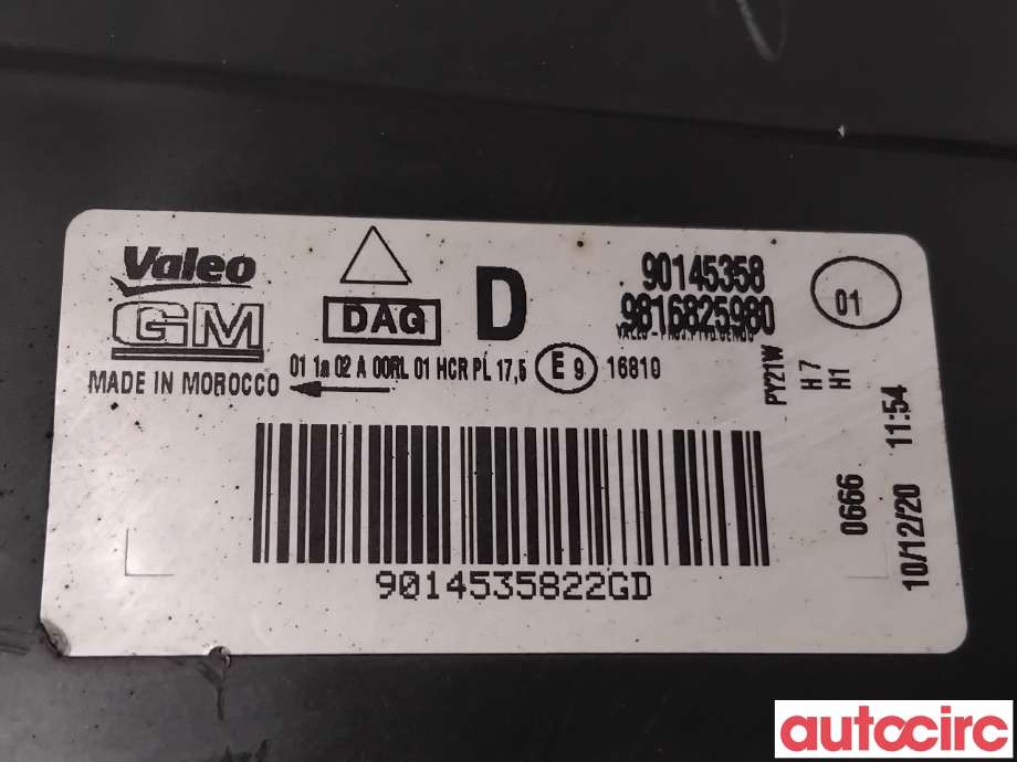 Frontlykt høyre halogen til Opel Combo E 2019-->>  (OPEL|1634150880|90145358|9816825980)
