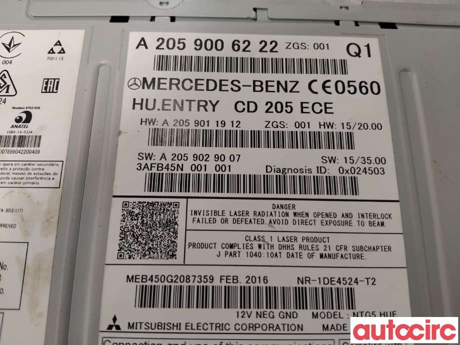 Bilstereo navigasjon til Mercedes C-Klasse 2014-2018 (Fase 1) (W205) (W205) (MERCEDES|A2059006222|NR-1DE4524-T2|A2059000241)