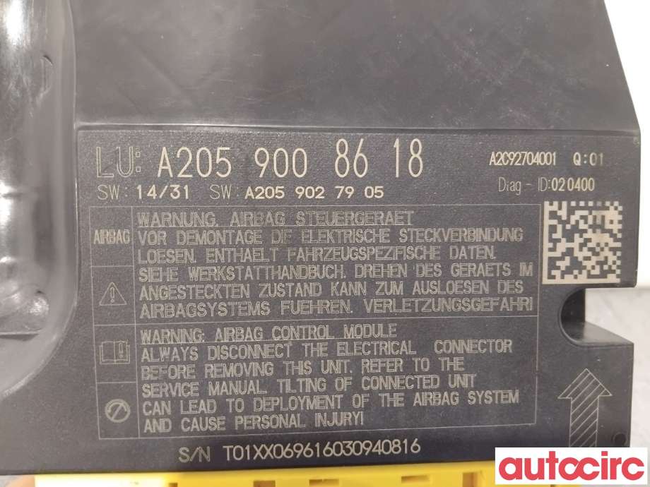 Airbag elektronikk til Mercedes C-Klasse 2014-2018 (Fase 1) (W205) (W205) (MERCEDES|A2059008618|A2C92704001|A2059009427)