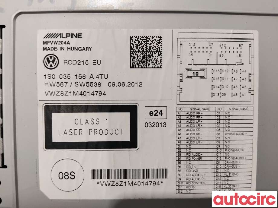 Bilstereo til VW Up 2012-2019  (VOLKSWAGEN|NO NR|RCD215|1S0035156A)