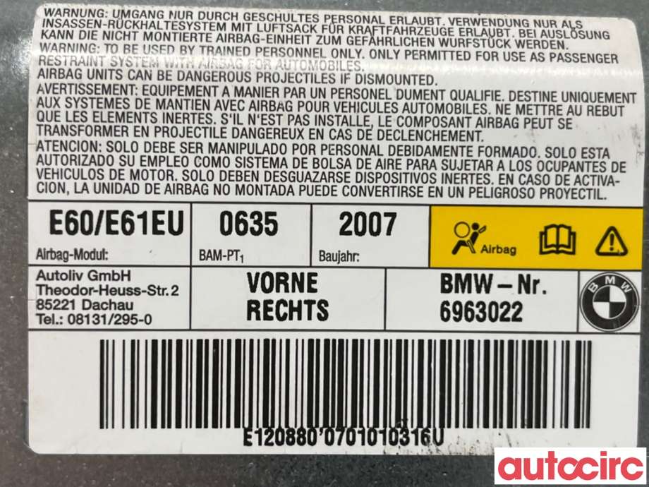 Airbag sidepute høyre til BMW 5-Serie 2003-2010 (E60/E61) (E60/E61) (BMW|72126963022||6963022)