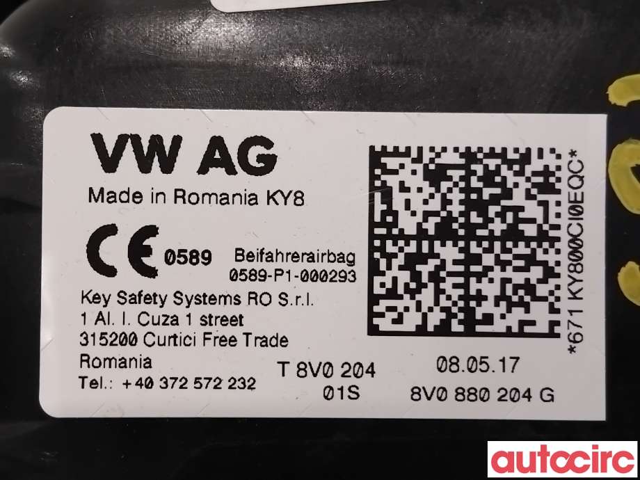 Airbag passasjer til VW e-Golf 2017-2020 (Fase 2)  (VOLKSWAGEN|8V0880204G||8V0880204M)