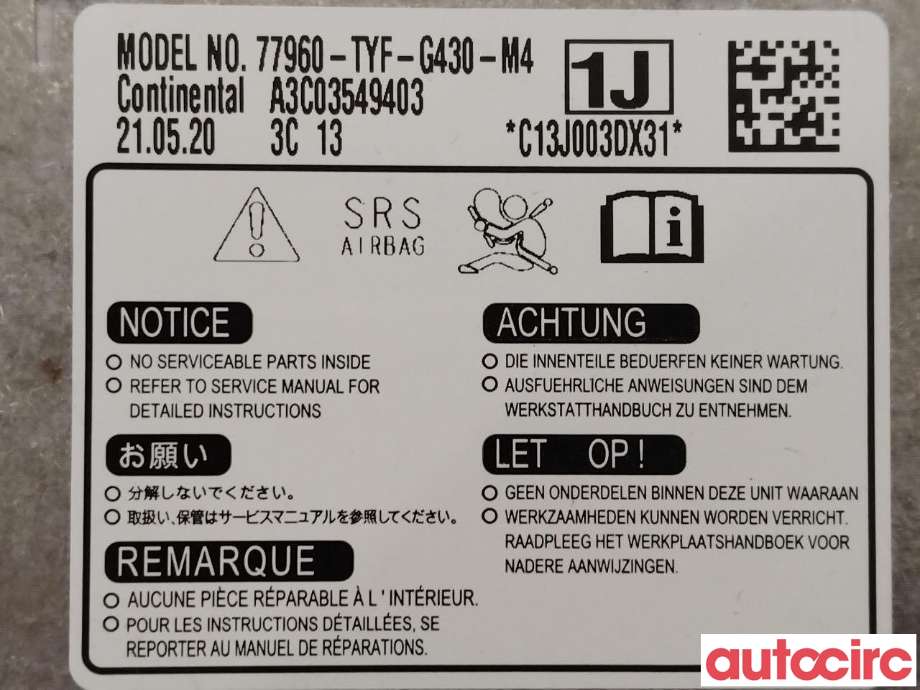 Airbag elektronikk til Honda e 2020-->> (HONDA|77960-TYF-G43|77960-TYF-G430-M4)