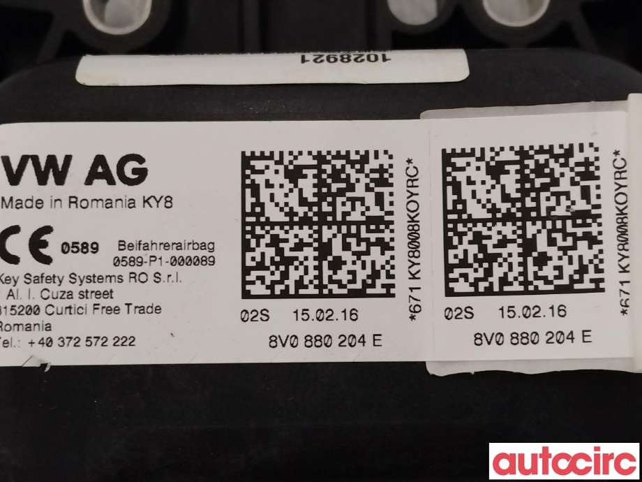 Airbag passasjer til VW e-Golf 2014-2017 (Fase 1)  (VOLKSWAGEN|8V0880204G|8V0880204E)