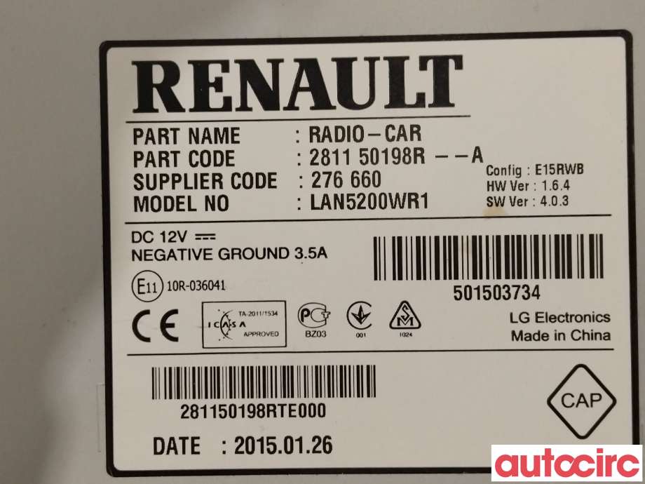 Bilstereo til Renault Captur 2013-2020 (Type I)  (RENAULT|281150198R)