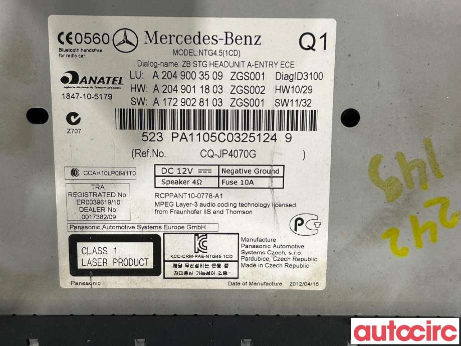 Bilstereo til Mercedes C-Klasse 2011-2014 (Fase 2) (W204) (W204) (MERCEDES|A2049005410|A2049003509)