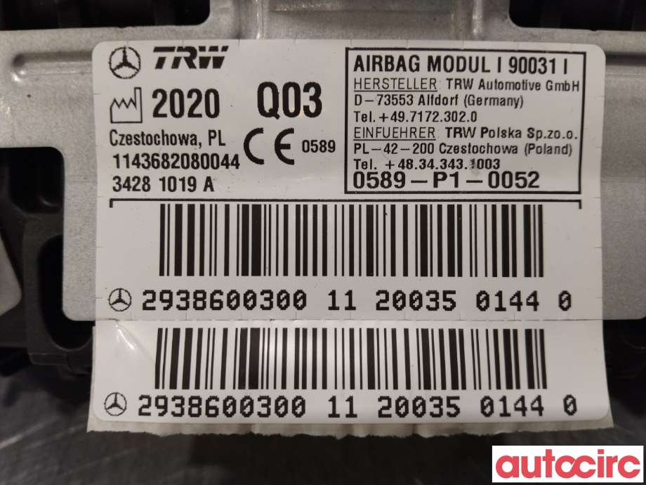 Airbag passasjer til Mercedes EQC 2019-->>  (MERCEDES|A2938600300)