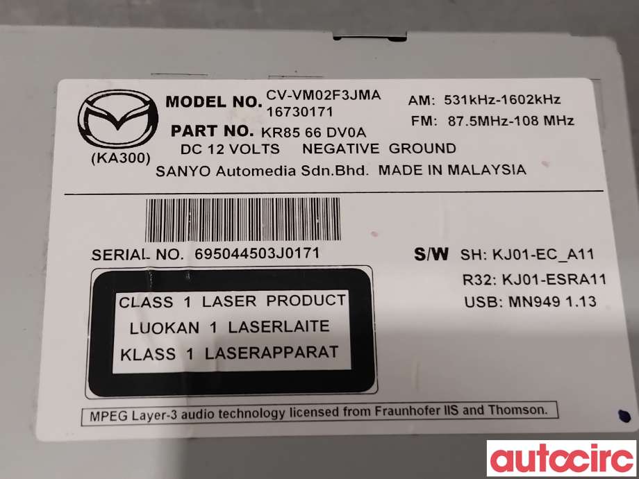 Bilstereo navigasjon til Mazda CX-5 2012-2017 (Type I)  (MAZDA|KR85-66-DV0B|CV-VM02F3JMA|KR8566DV0A)
