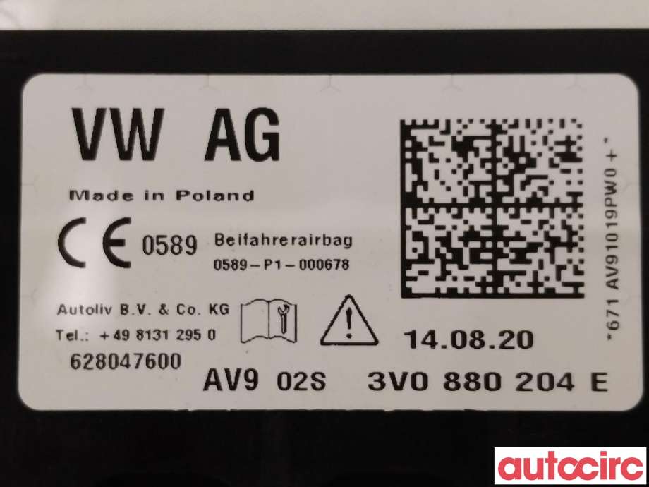 Airbag passasjer til Škoda Superb 2015-->> (Type III)  (SKODA|3V0880204G|3V0880204E)