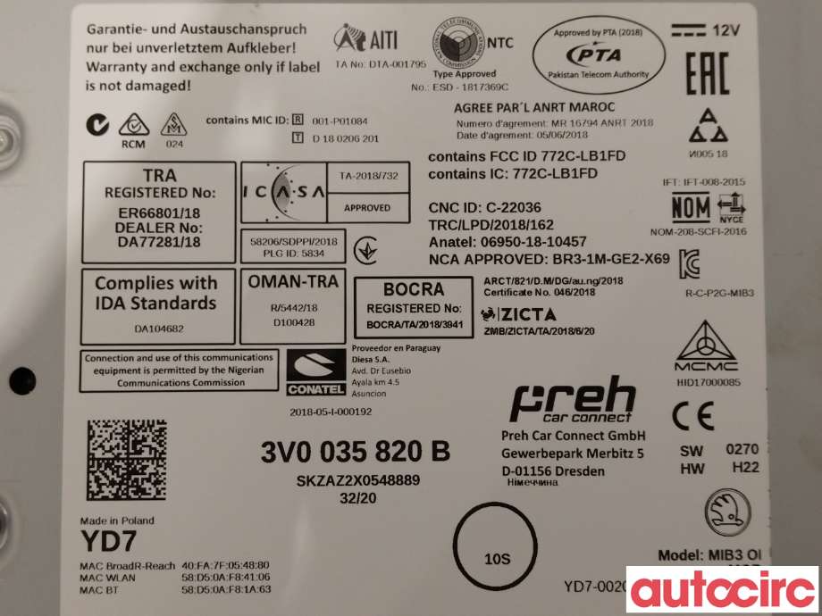 Bilstereo diverse til Škoda Superb 2015-->> (Type III)  (SKODA|3V0035820P|3V0035820B)