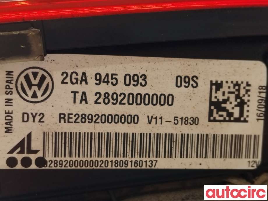 Baklykt venstre indre til VW T-Roc 2017-->>  (VOLKSWAGEN|2GA945093)