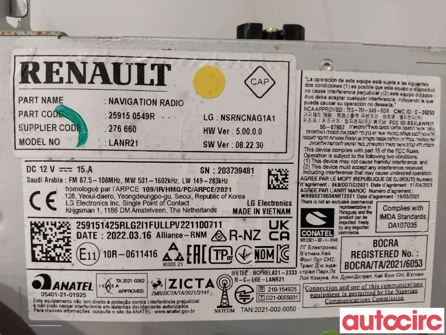 Bilstereo navigasjon til Renault Megane 2016-->> Type IV (RENAULT|259156295R|LANR21|259150549R)