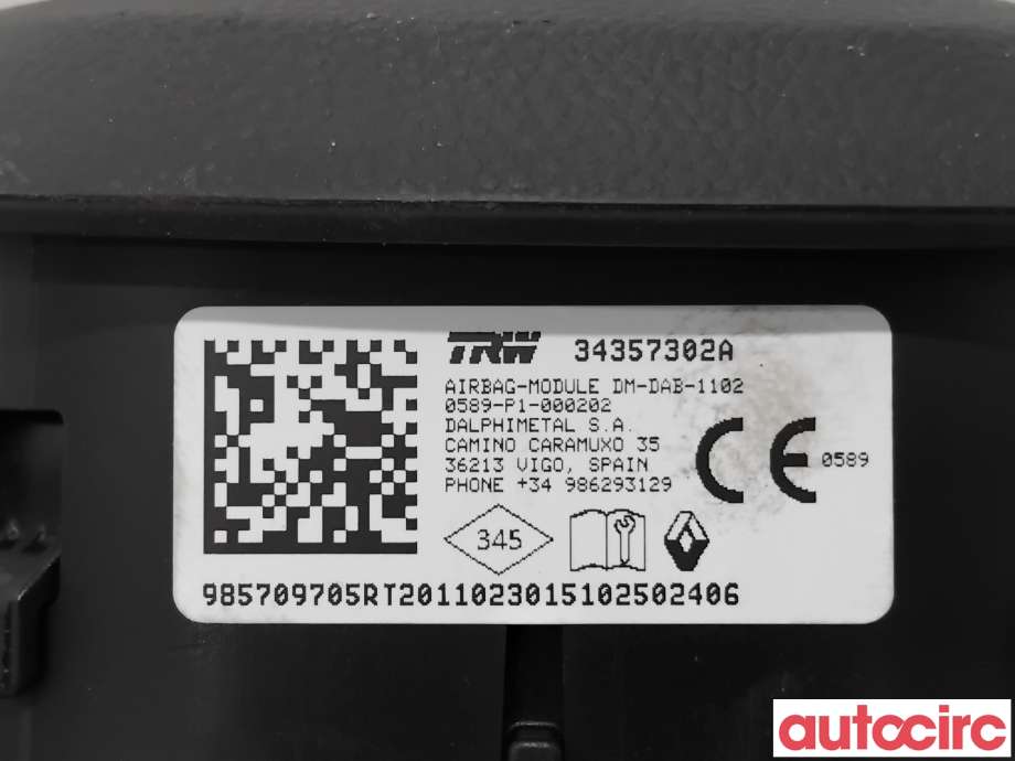 Airbag rattpute til Renault Zoe 2013-2019 (Fase 1)  (RENAULT|985709705R|34357302A)