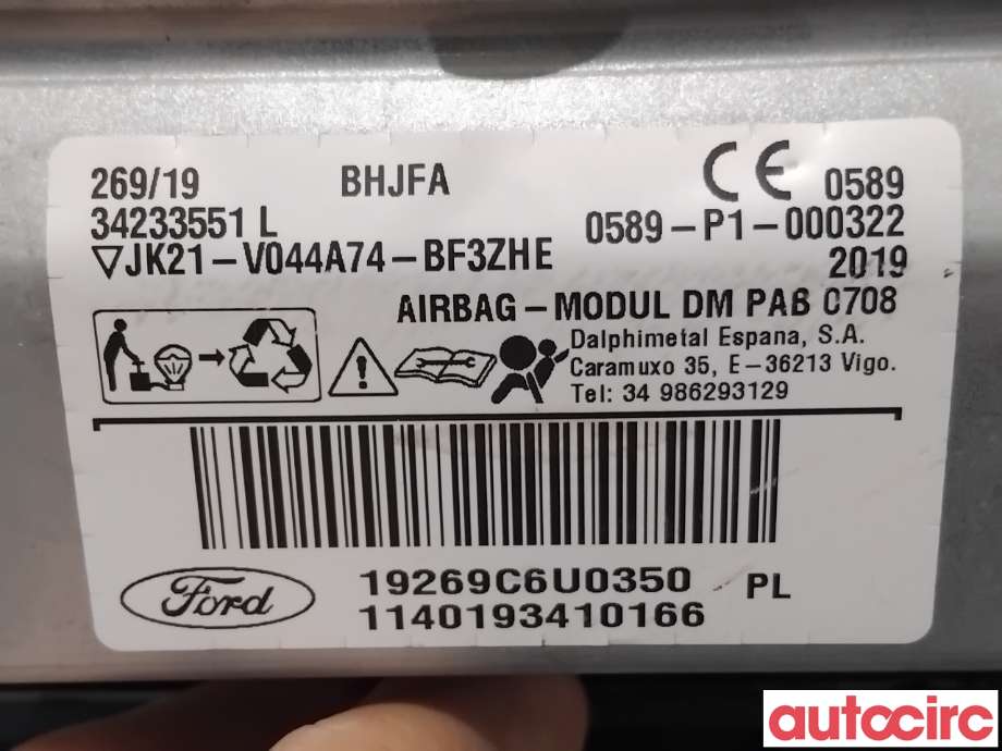 Airbag passasjer til Ford Transit Custom 2013-2023 (Type I)  (FORD|2733308|34233551L|JK21-V044A74-BF3ZHE)