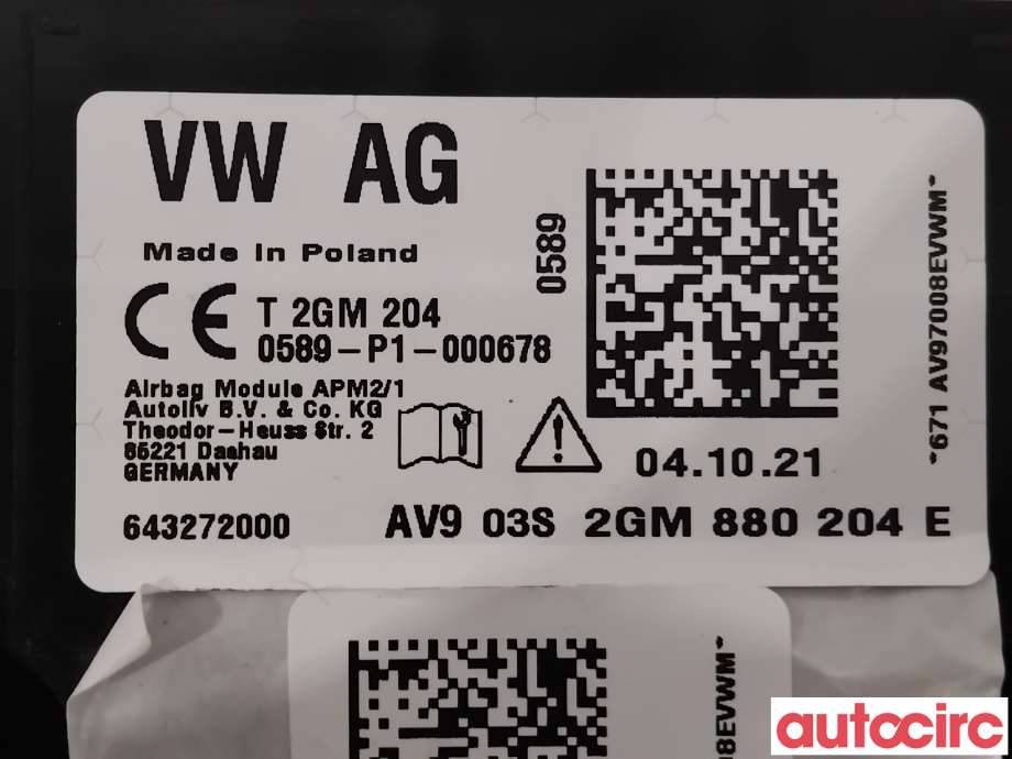 Airbag passasjer til VW T-Cross 2019-->>  (VOLKSWAGEN|2GM880204E|643272000|2GM880204H)