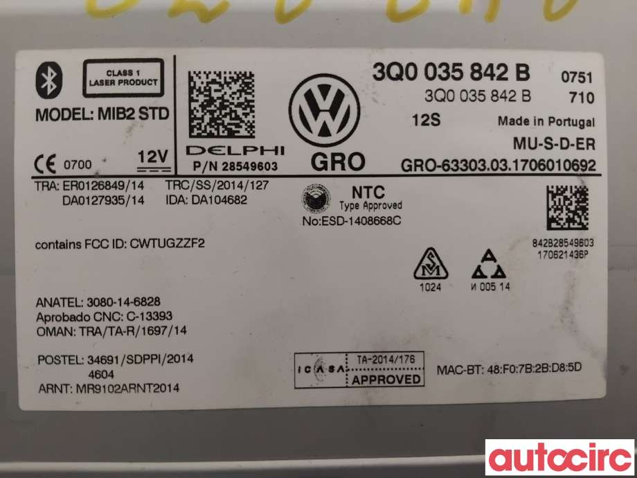 Bilstereo til VW e-Golf 2017-2020 (Fase 2)  (VOLKSWAGEN|3Q0035842B|28549603|3Q0035842BX)