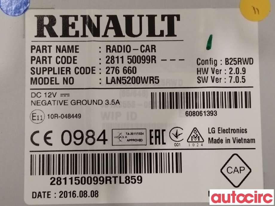 Bilstereo til Renault Captur 2013-2020 (Type I) (RENAULT|NO NR||281150099R)