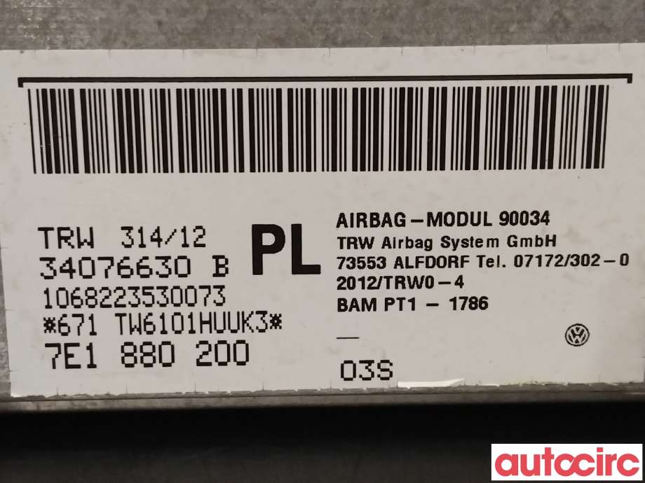 Airbag passasjer til VW Transporter / Caravelle 2009-2015 (Fase 2) (T5) (T5) (VOLKSWAGEN|7E1880200C|7E1880200)
