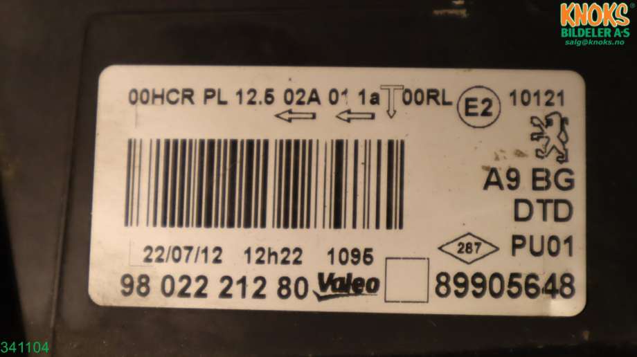 Frontlykt høyre halogen til Peugeot 208 2012-2019 (Type I) (98 022 212 80|)