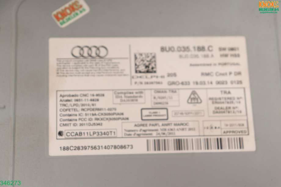 Bilstereo til Audi Q3 2011-2014 (Type I, Fase 1) (AUDI|8U0 035 188 C|)