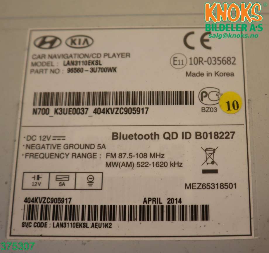 Bilstereo til Kia Sportage 2010-2016 (Type III)  (KIA|96560 3U700|)