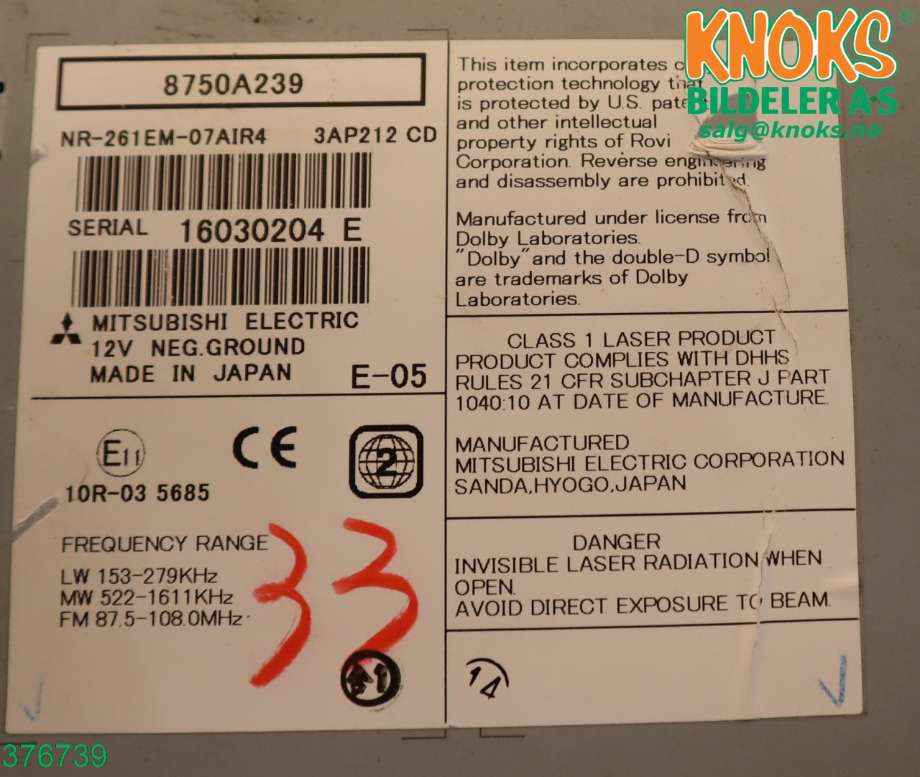 Bilstereo navigasjon til Mitsubishi Outlander 2010-2012 (Type II, Fase 2)  (MITSUBISHI|8750A239|)