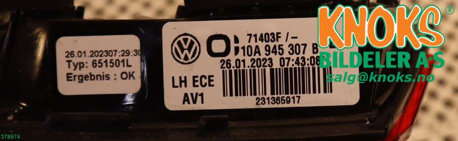 Baklykt venstre indre til VW ID.3 2020-->>  (VOLKSWAGEN|10A 945 307 B|)